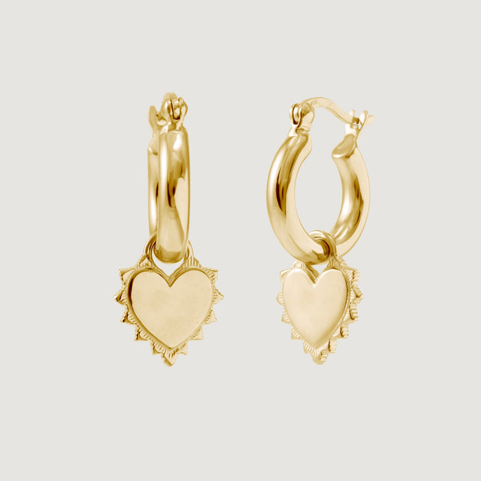 Kerala Diamond Cut Heart Charm Hoop 18ct Gold Plated Sterling Silver