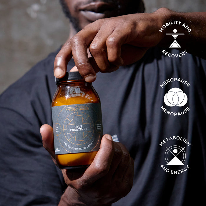 A person holds a brown jar of True Creatine+. Three icons show benefits: Mobility & Recovery, Menopause support, and Metabolism & Energy—highlighting its role in muscle and cognitive health.