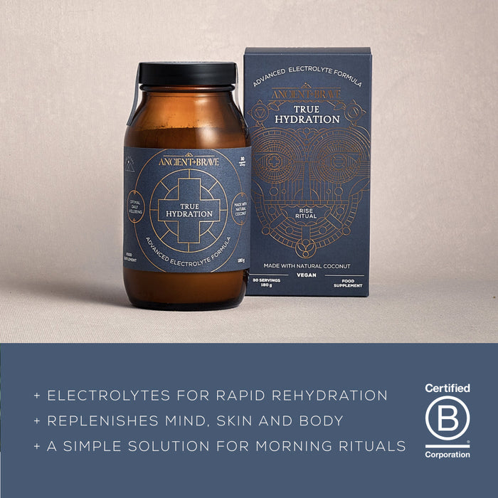 Jar of True Hydration with product benefits - 'electrolytes for rapid rehydration , replenishes mind, skin and body, a simple solution for morning rituals'