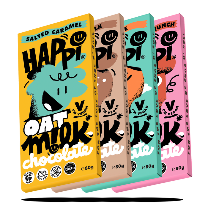 4 Vegan Friendly Chocolate Bars from Happi's 80gram Family Bundle