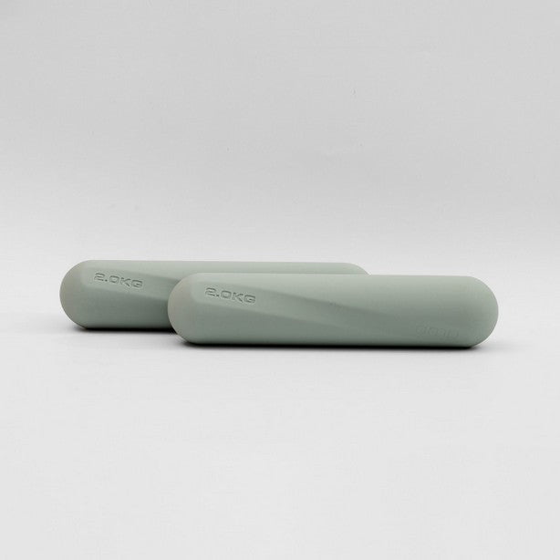 A pair of sage green dumbbell strength bars on a light background 4KG PAIR 2KG PER BAR