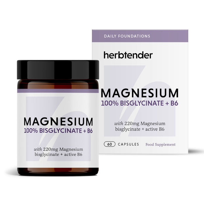 Herbtender Magnesium Bisglycinate + active vitamin B6 supplement, 60 capsules, shown in an amber jar with matching box.