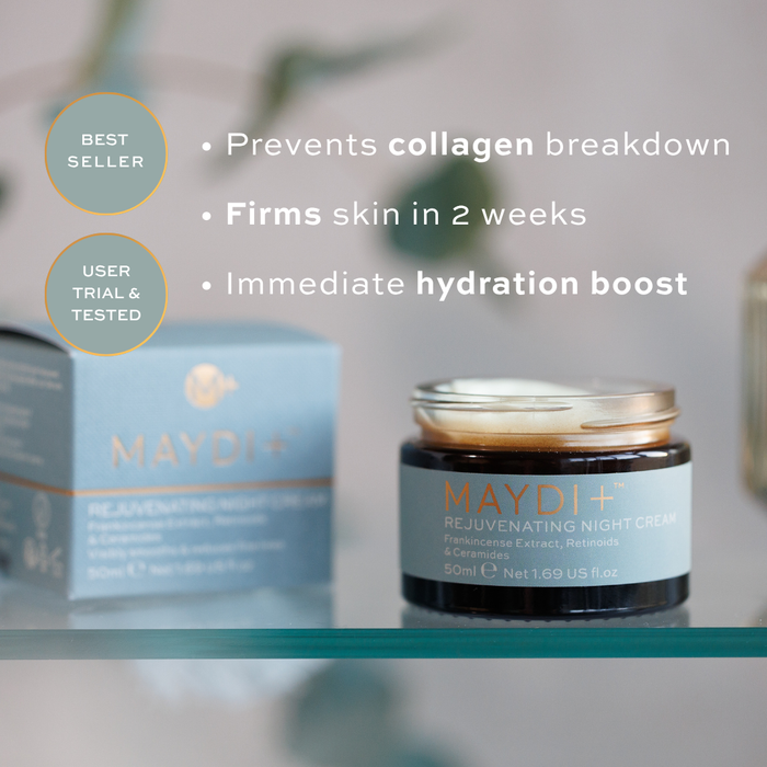 Maydi+ rejuvenating night cream jar and packaging on a blurred background with key claims. prevents collagen breakdown, firms skin in 2 weeks and hydration boost.
