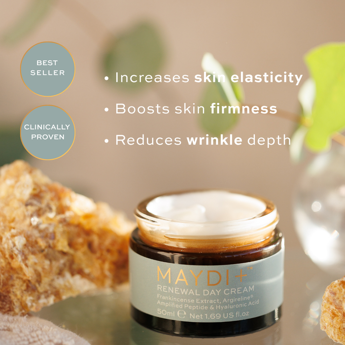 Maydi+ Renewal Day Cream jar with natural elements in the background. Increases elasticity, skin firmness and reduces wrinkle depth.