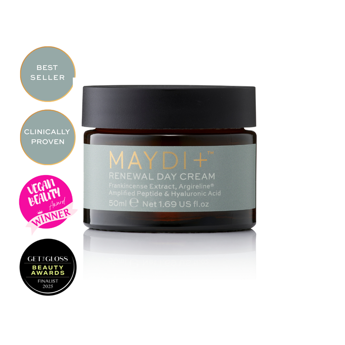 Maydi+ Renewal Day Cream jar with vegan beauty and get the gloss awards on a white background