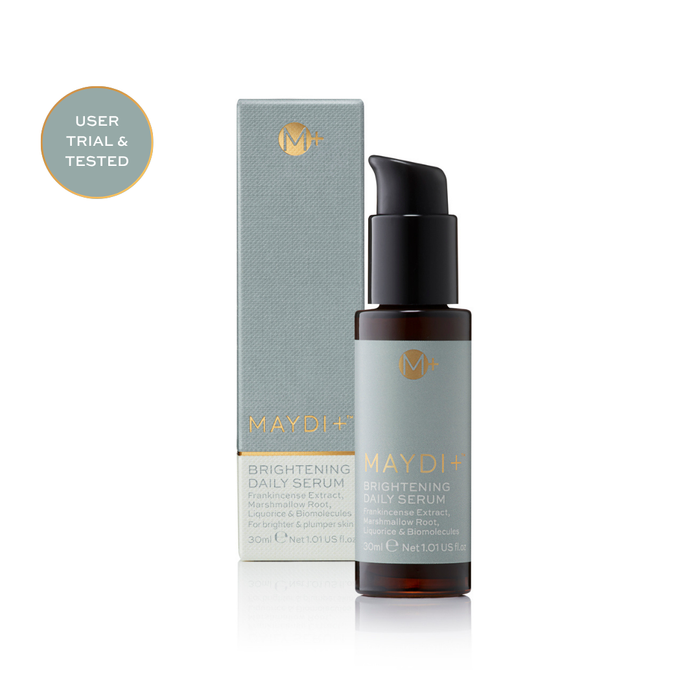 Maydi+ brightening daily serum with packaging on a white background