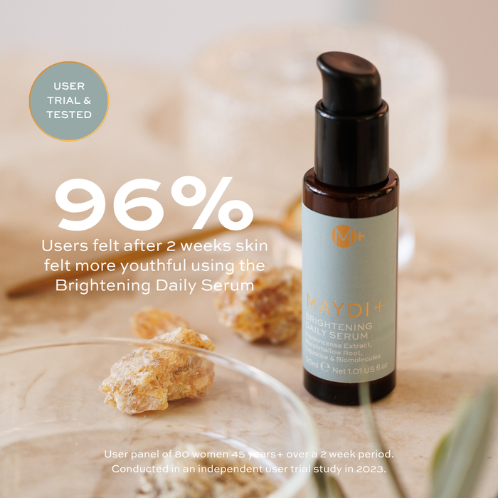 Maydi brightening daily serum with text on a blurred natural background. 96% users felt skin was more youthful in 2 weeks.