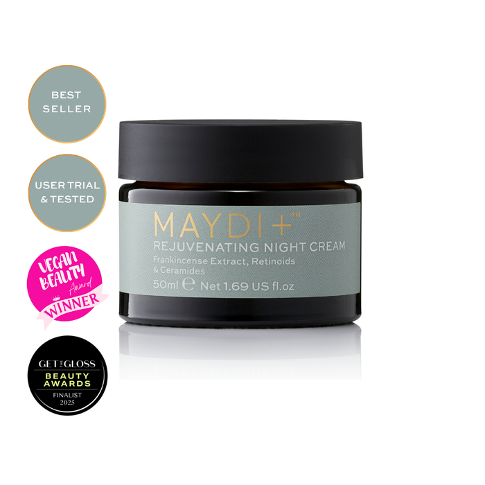 Maydi+ rejuvenating night cream jar with vegan and get the gloss awards on a white background