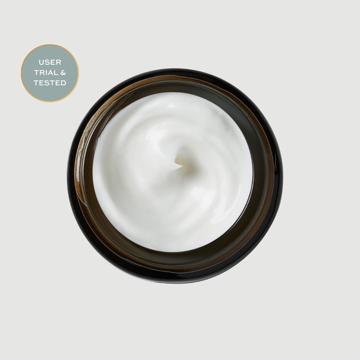 White cream texture in a glass container on a light gray background with 'User Trial & Tested' label. Peptide Eye Cream
