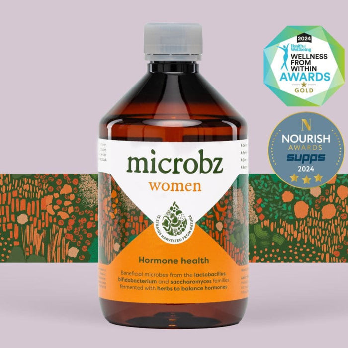 A picture of a bottle of microbz women. This is a probiotic for women with two awards. Gut health is proven to support women's hormone balance